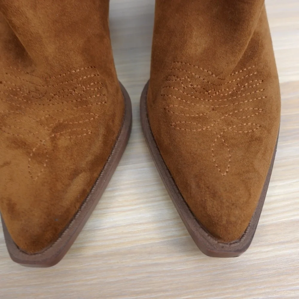 Western Cowboy Ankle Boots Women 7 Cognac Suede Horseshoe Rodeo UNIVERSAL THREAD